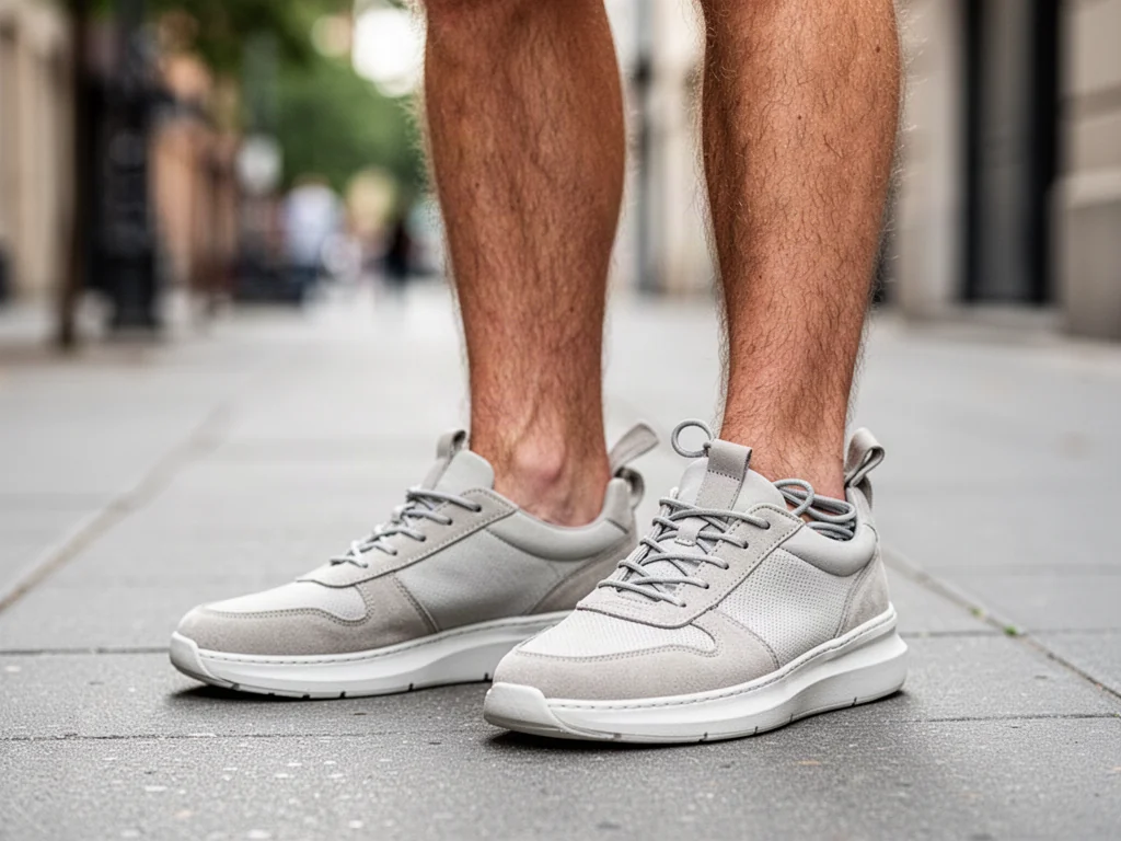 Mężczyzna w stylowych sneakersach z niewidocznymi, starannie schowanymi sznurówkami na tle miejskiego chodnika.