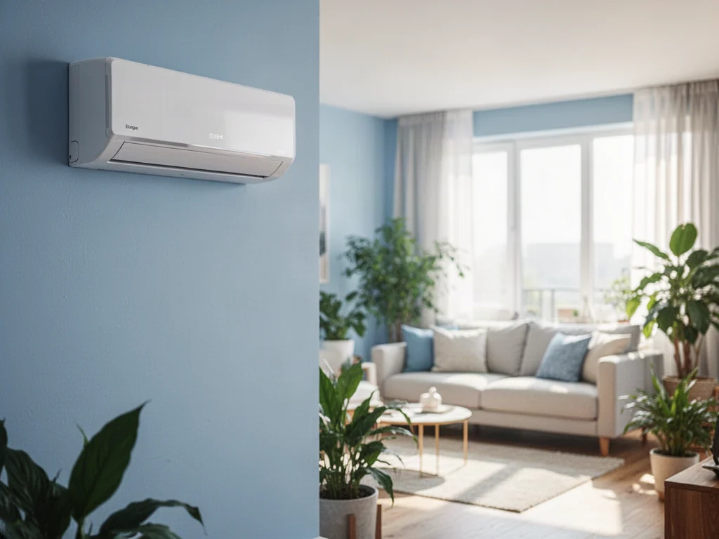 Nowoczesny klimatyzator ścienny w jasnym, przytulnym salonie, idealnie komponujący się z wystrojem mieszkania.
