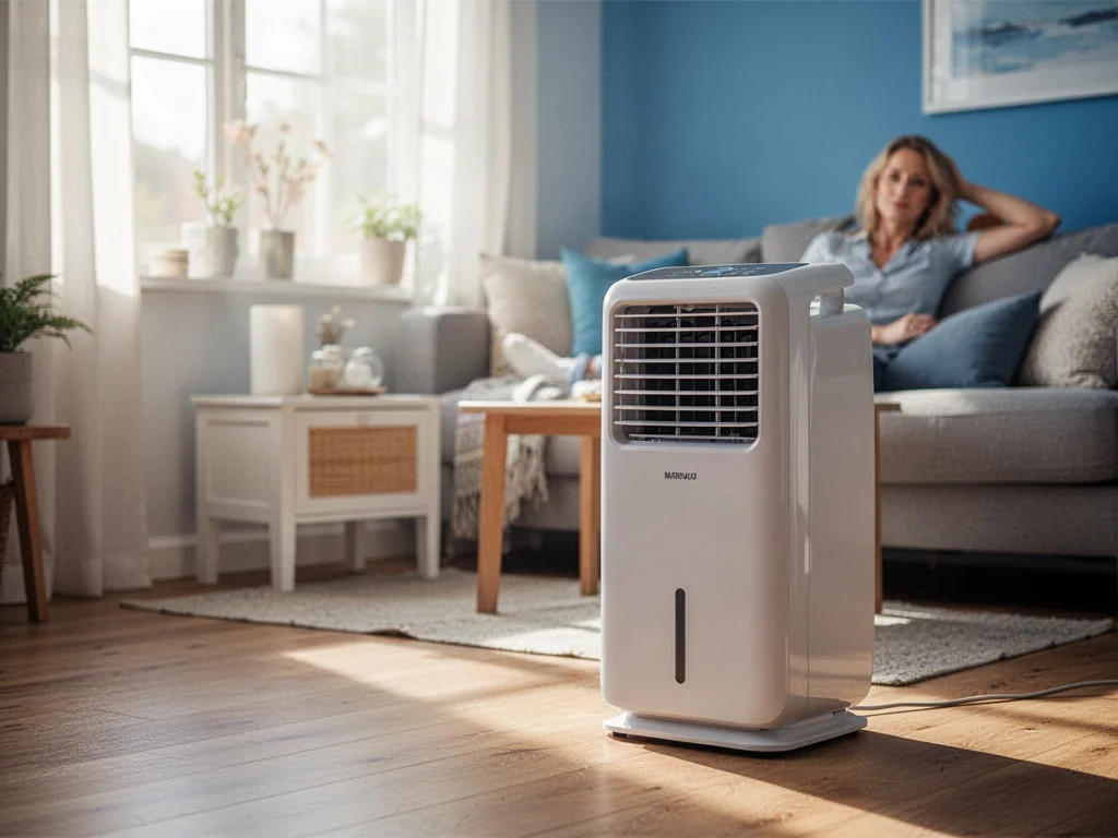 Nowoczesny klimatyzator przenośny w jasnym salonie, w którym kobieta odpoczywa na kanapie w słoneczny dzień.