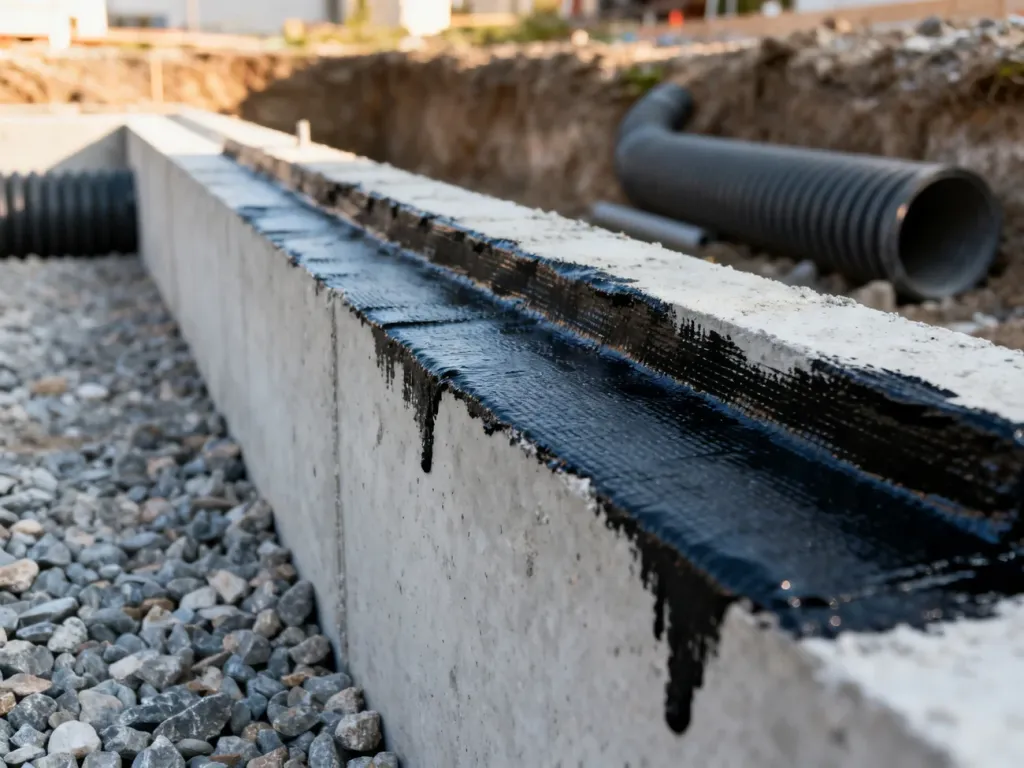Świeżo nałożona czarna izolacja bitumiczna na betonowej ścianie fundamentowej w trakcie prac budowlanych.