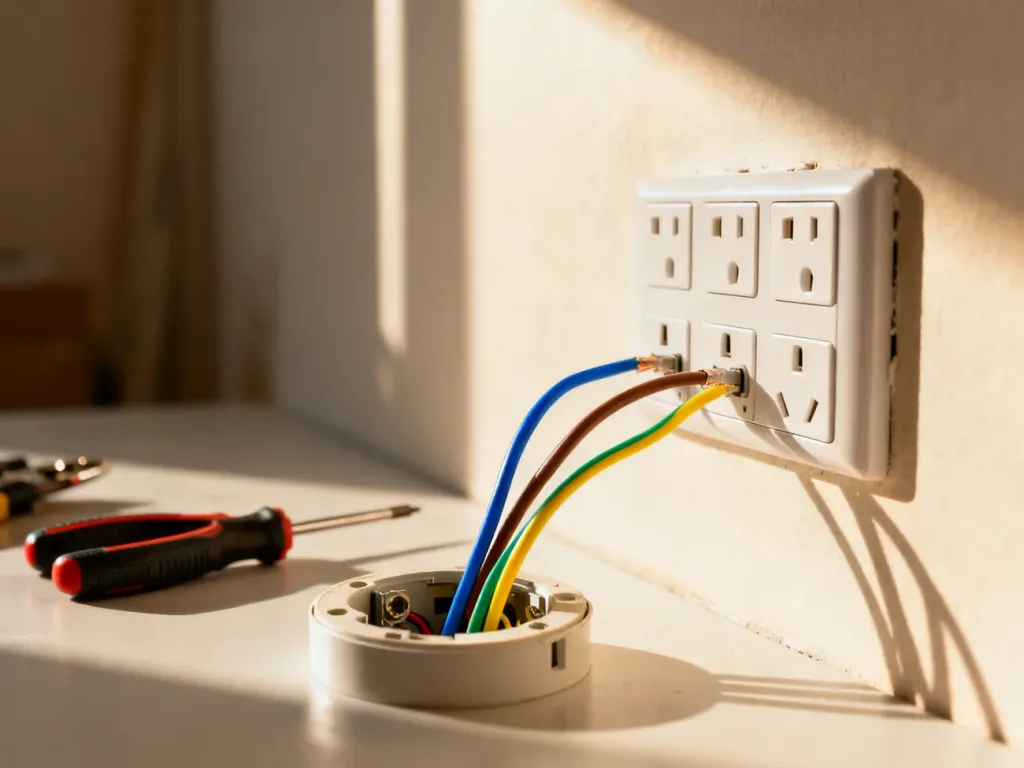 Kolorowe przewody elektryczne wystające z puszki ściennej, przygotowane do montażu gniazda poczwórnego.