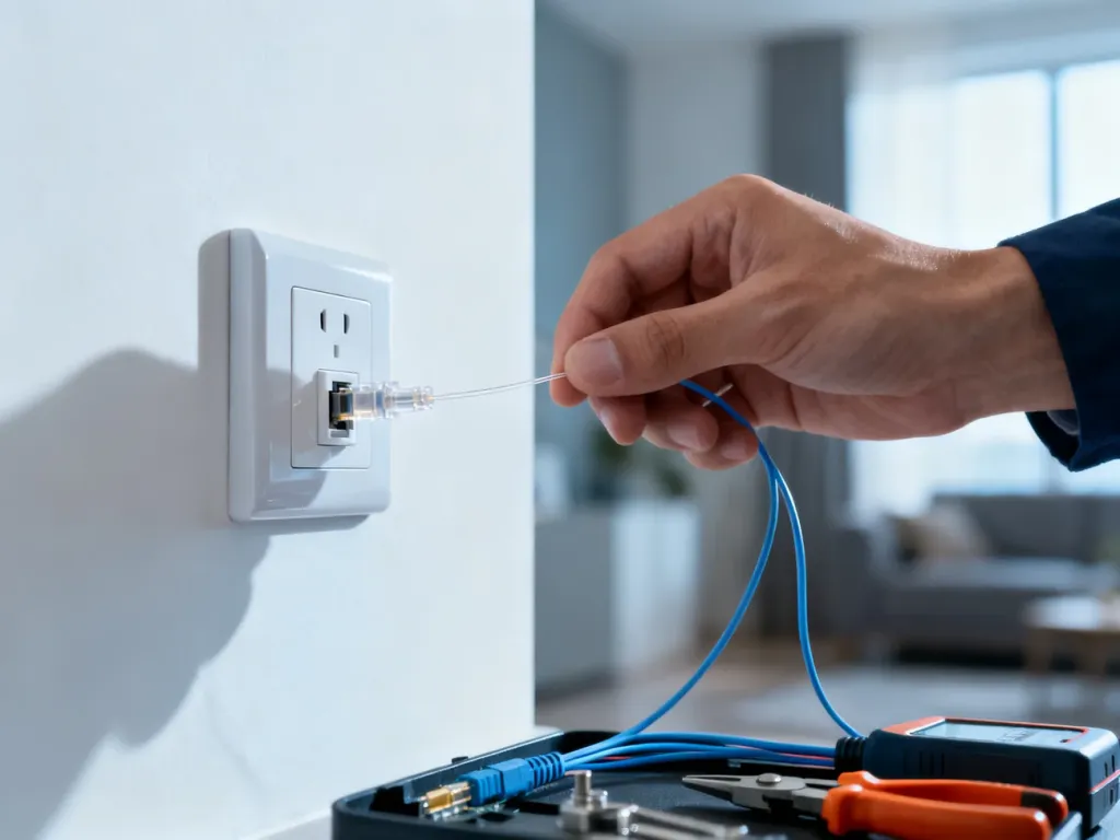 Dłoń technika podłączająca cienki kabel światłowodowy do gniazdka na białej ścianie.