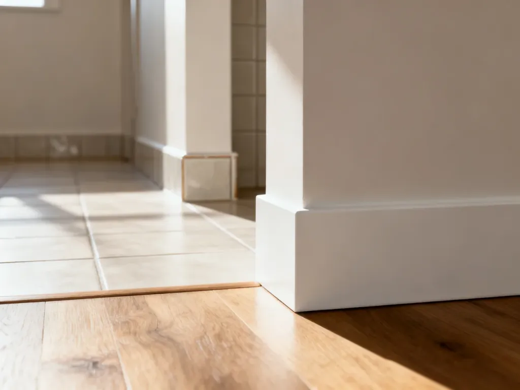 Porównanie estetycznego wykończenia podłogi drewnianej białą listwą MDF oraz cokołem ceramicznym w nowoczesnym wnętrzu.