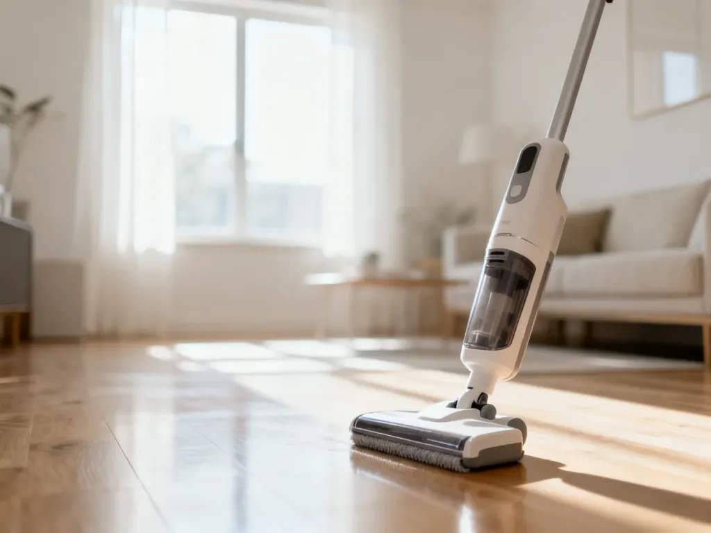 Nowoczesny mop elektryczny stojący na czystej, drewnianej podłodze w jasnym, słonecznym salonie.