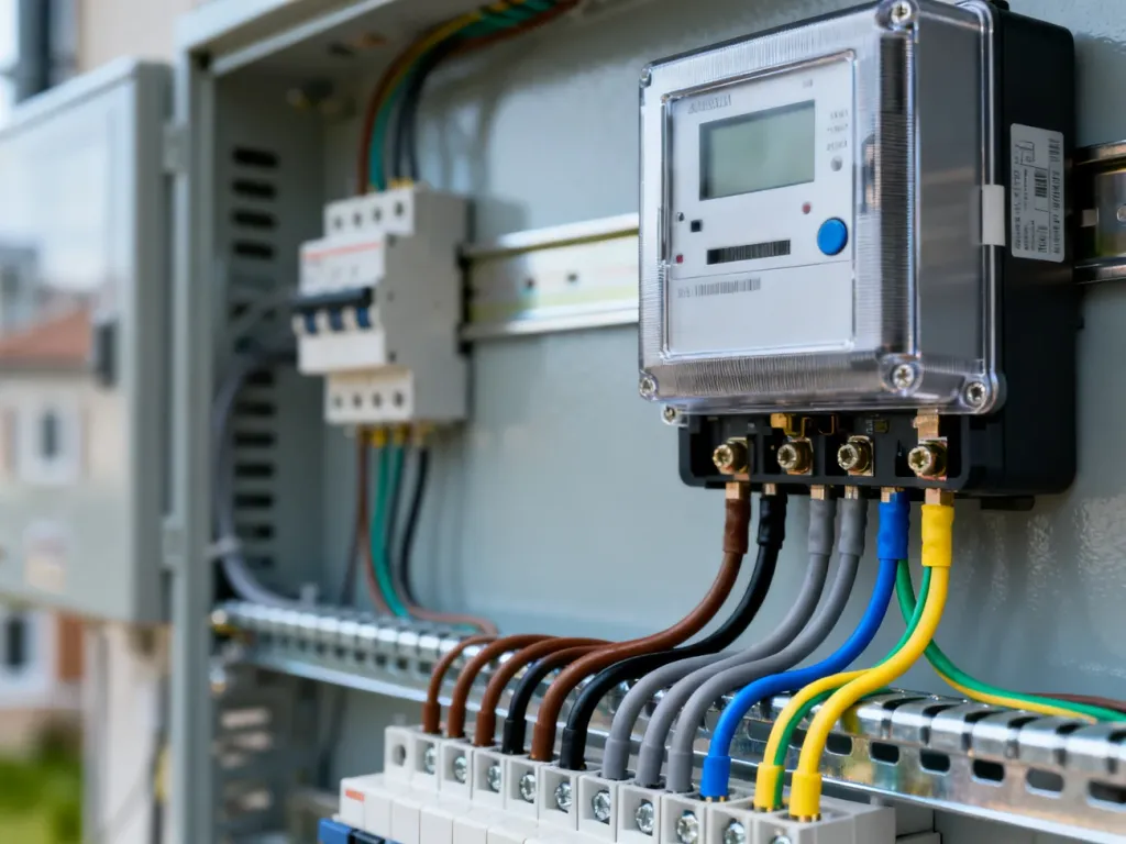 Trójfazowy licznik energii elektrycznej zamontowany na szynie DIN z precyzyjnie podłączonymi kolorowymi przewodami.