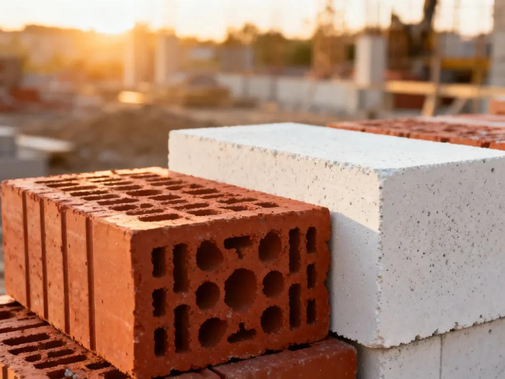 Porównanie czerwonego pustaka ceramicznego i białego betonu komórkowego na placu budowy w świetle zachodzącego słońca.