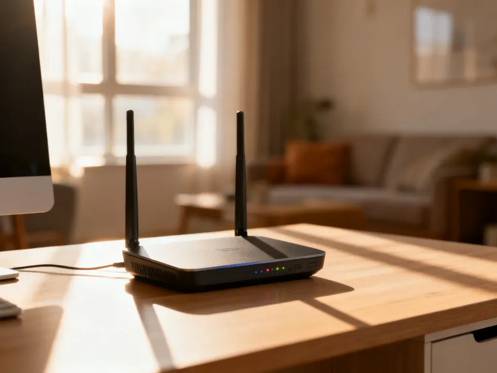 Nowoczesny router Wi-Fi na minimalistycznym biurku w domowym biurze, gotowy do zapewnienia szybkiego połączenia z internetem.