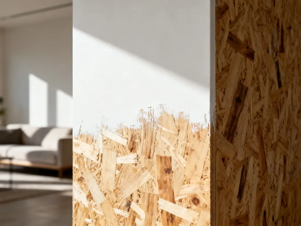 Ściana z pomalowanej na biało płyty OSB z widoczną strukturą drewna w nowoczesnym salonie.