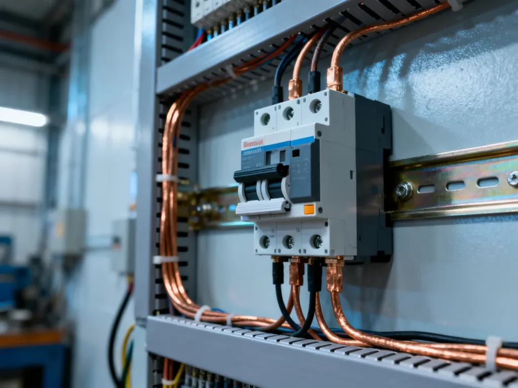 Profesjonalna rozdzielnica elektryczna z widocznym wyłącznikiem różnicowoprądowym zamontowanym na szynie DIN.