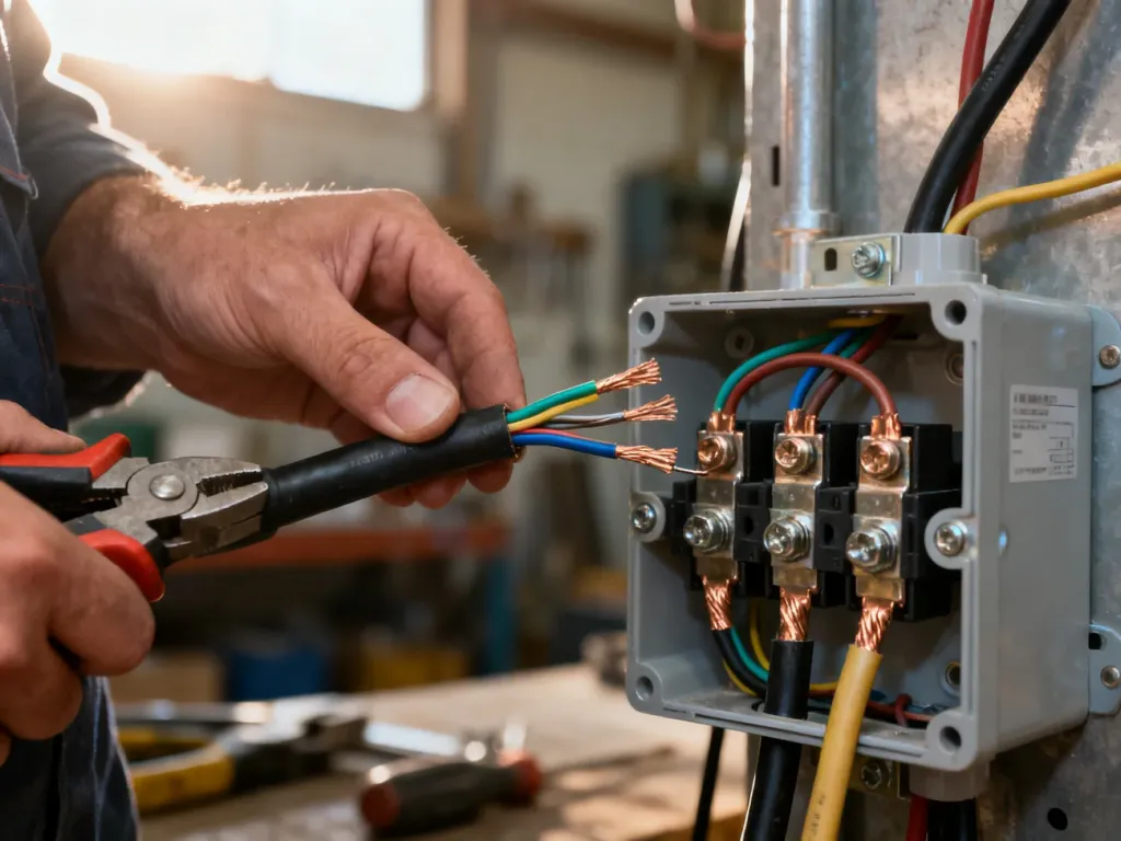 Elektryk podłączający 5-pinowy kabel siłowy do 4-żyłowej puszki instalacyjnej przy użyciu profesjonalnych narzędzi.