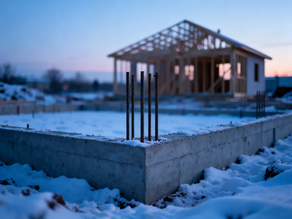 Zimowy plac budowy z widocznym betonowym fundamentem i zbrojeniem wystającym z zamarzniętej ziemi.