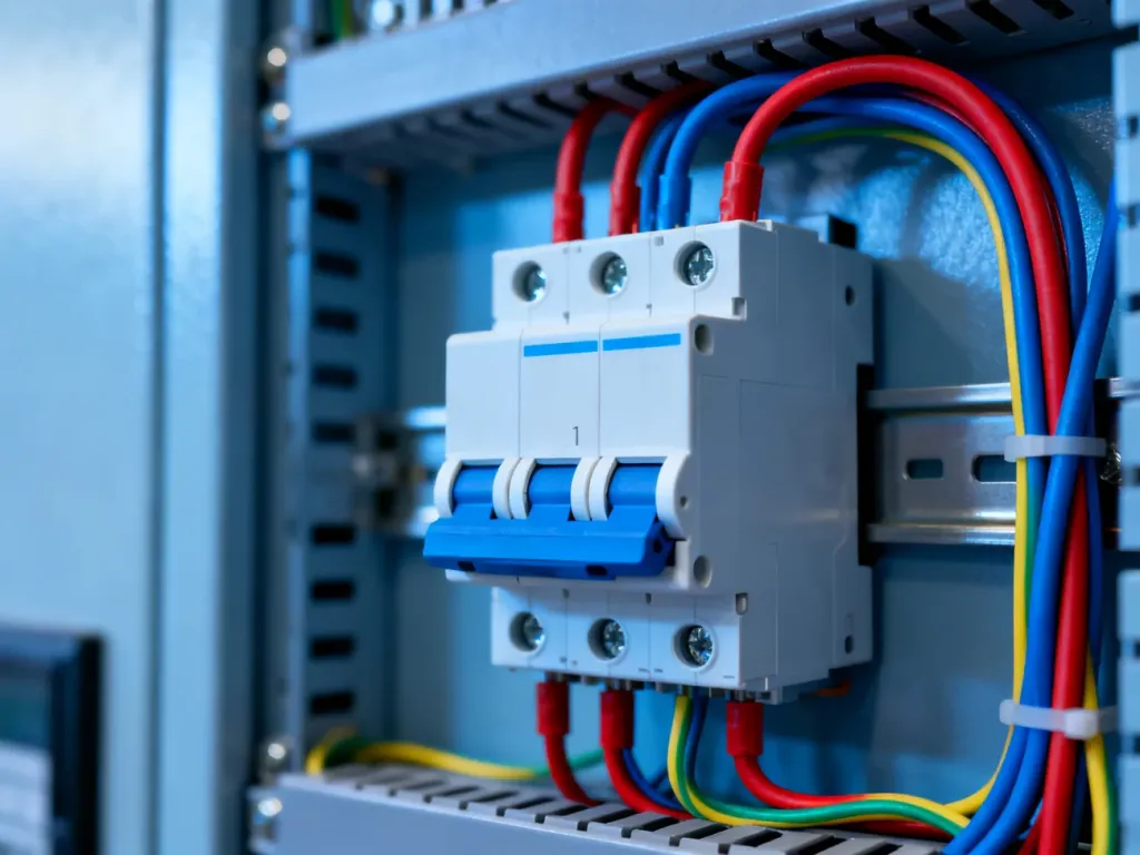 Jednofazowy wyłącznik różnicowoprądowy zamontowany na szynie DIN z uporządkowanym okablowaniem w rozdzielnicy elektrycznej.