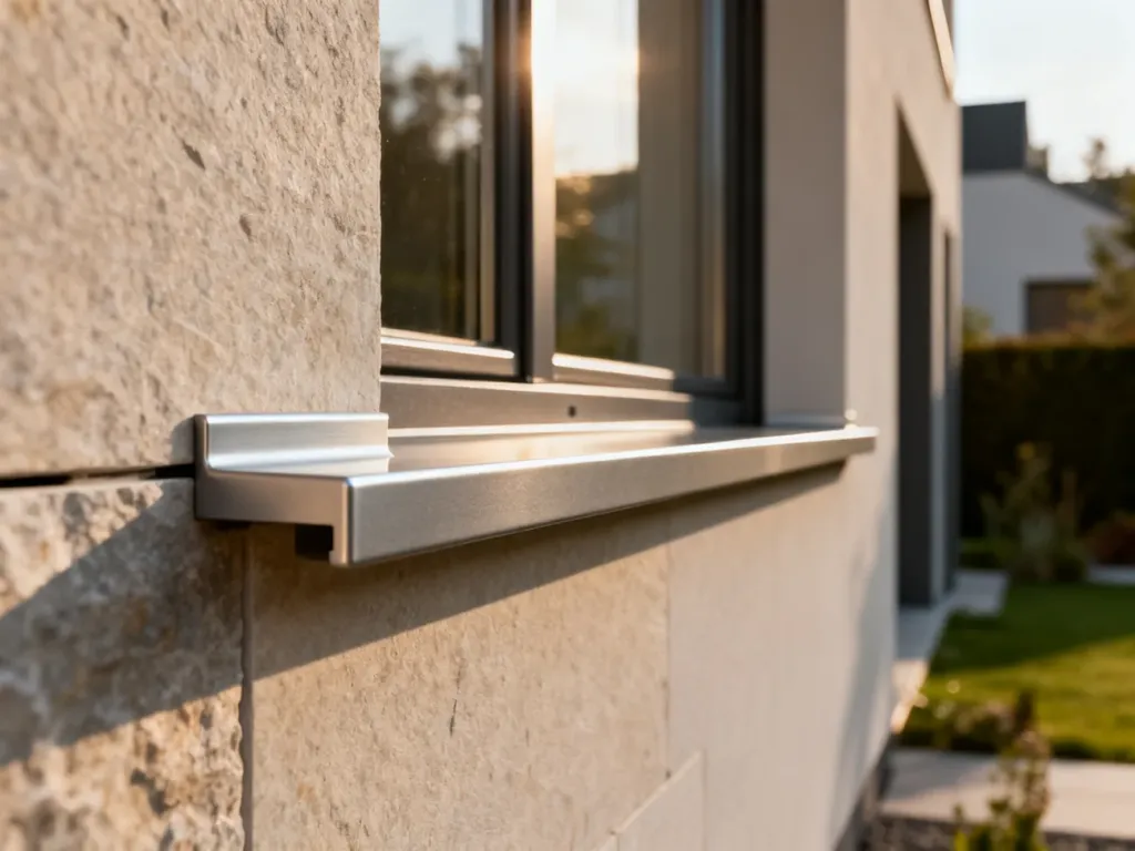 Nowoczesny aluminiowy parapet zewnętrzny zamontowany na elewacji budynku, prezentujący trwałość i estetyczne wykończenie.