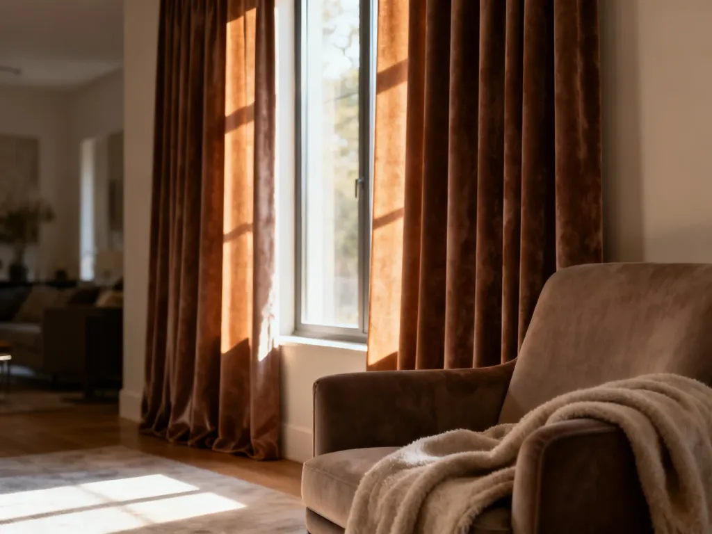 Eleganckie, grube zasłony welurowe w przytulnym salonie, które skutecznie wygłuszają wnętrze i zapewniają komfort akustyczny.
