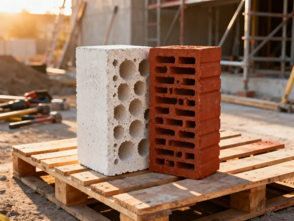 Porównanie białego betonu komórkowego i czerwonej cegły ceramicznej na palecie budowlanej.