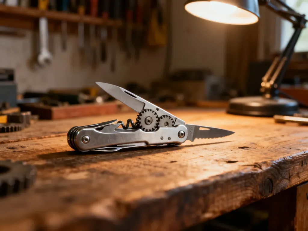 Profesjonalny multitool Leatherman rozłożony na drewnianym warsztacie w ciepłym świetle lampy.