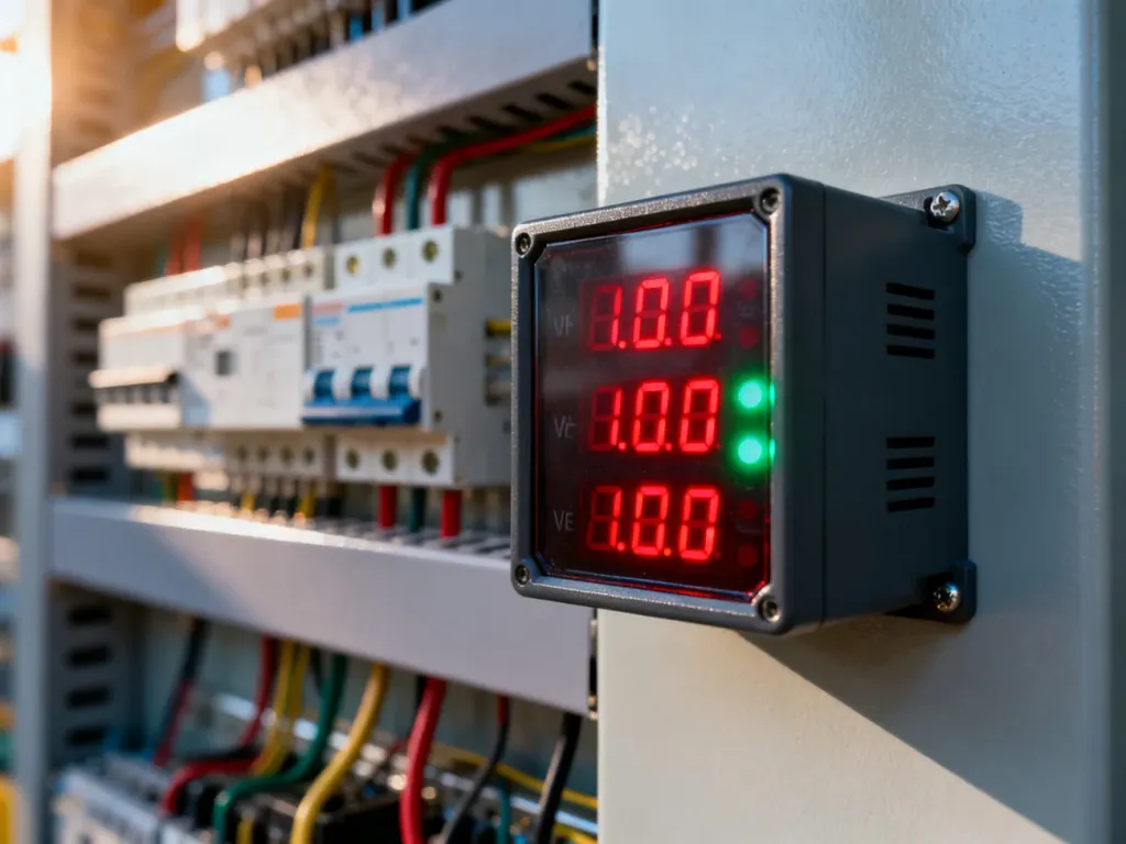 Cyfrowy wskaźnik napięcia trójfazowego zamontowany w rozdzielnicy elektrycznej z widocznymi wartościami na wyświetlaczu.
