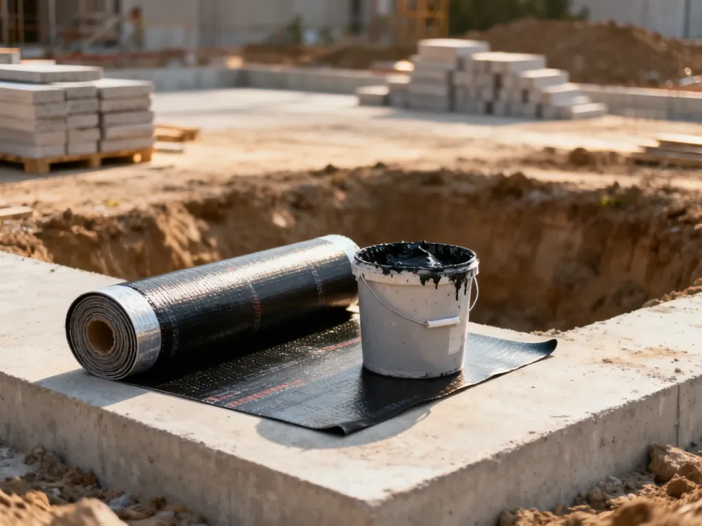 Rolki papy bitumicznej i wiadro masy izolacyjnej na betonowym fundamencie przygotowane do prac hydroizolacyjnych.