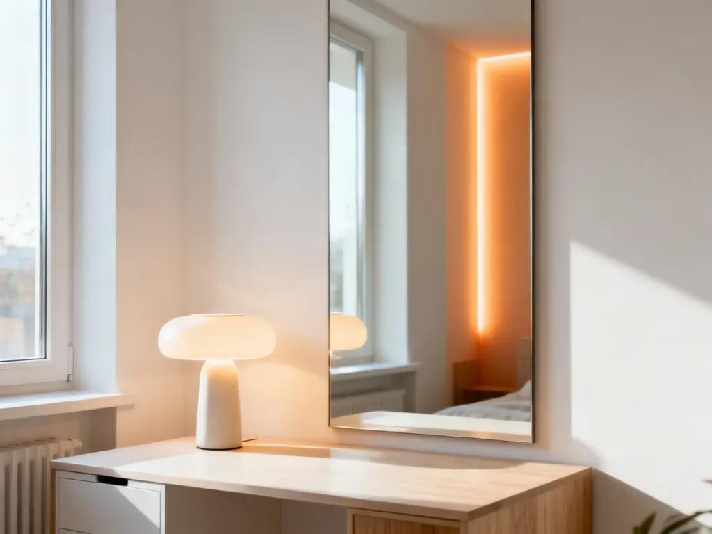 Jasne, nowoczesne wnętrze bez okna z dużym lustrem i designerską lampą, które optycznie powiększają przestrzeń.