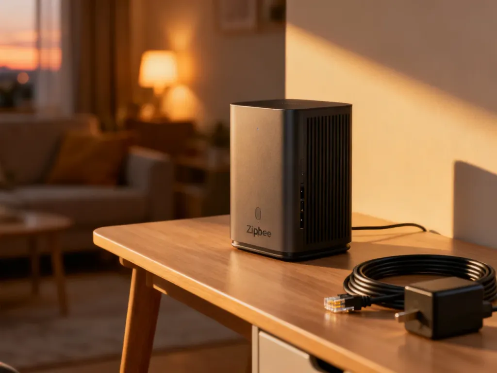 Nowoczesna bramka Zigbee na drewnianym biurku z kablem Ethernet i zasilaczem, gotowa do konfiguracji w inteligentnym domu.