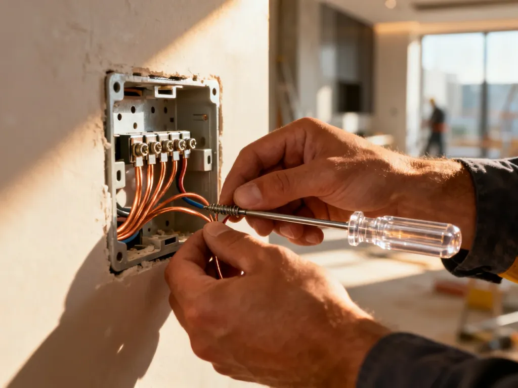 Dłonie elektryka podłączające miedziane przewody w puszce instalacyjnej gniazdka elektrycznego.