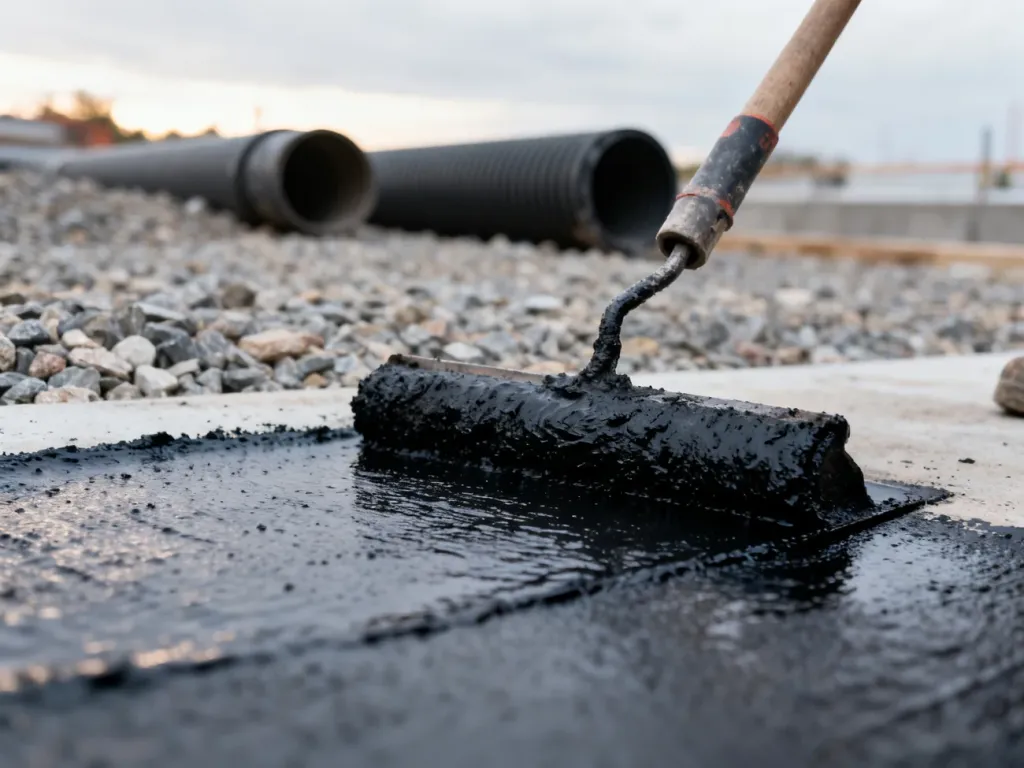 Nakładanie czarnej masy bitumicznej na ścianę fundamentową w celu wykonania izolacji przeciwwilgociowej.