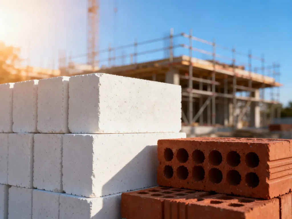 Porównanie białych bloczków silikatowych i czerwonych pustaków ceramicznych na placu budowy.
