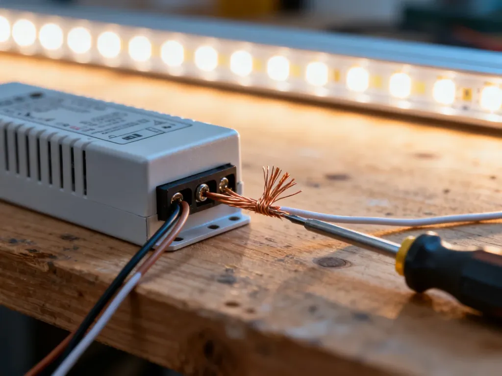 Podłączanie przewodów zasilacza LED 12V za pomocą śrubokręta na drewnianym blacie roboczym.