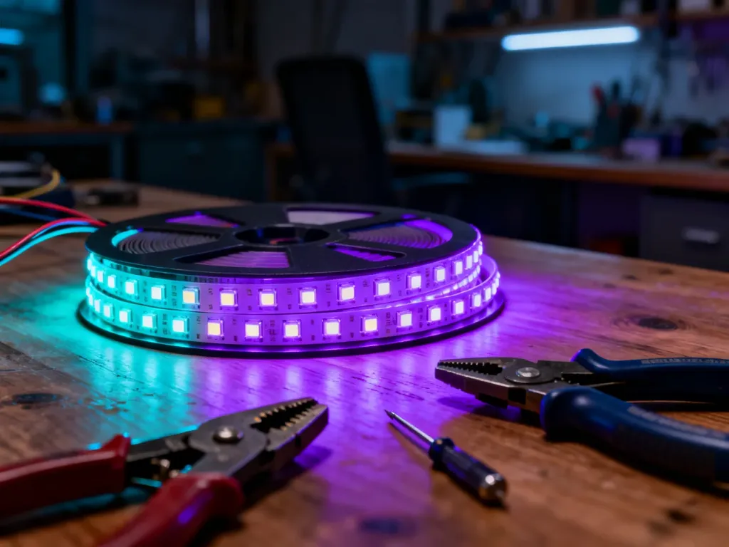 Taśma LED RGB świecąca na fioletowo i niebiesko na biurku obok narzędzi elektrycznych przygotowanych do montażu.
