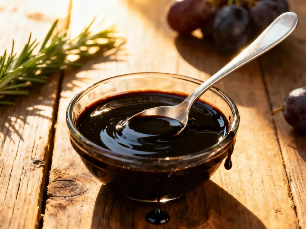Gęsta, błyszcząca glazura balsamiczna w szklanej miseczce z łyżeczką na rustykalnym drewnianym stole.
