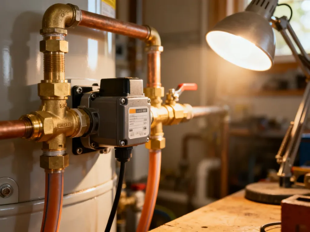 Mosiężne złączki i pompa cyrkulacyjna podłączone do domowego podgrzewacza wody w profesjonalnej instalacji hydraulicznej.