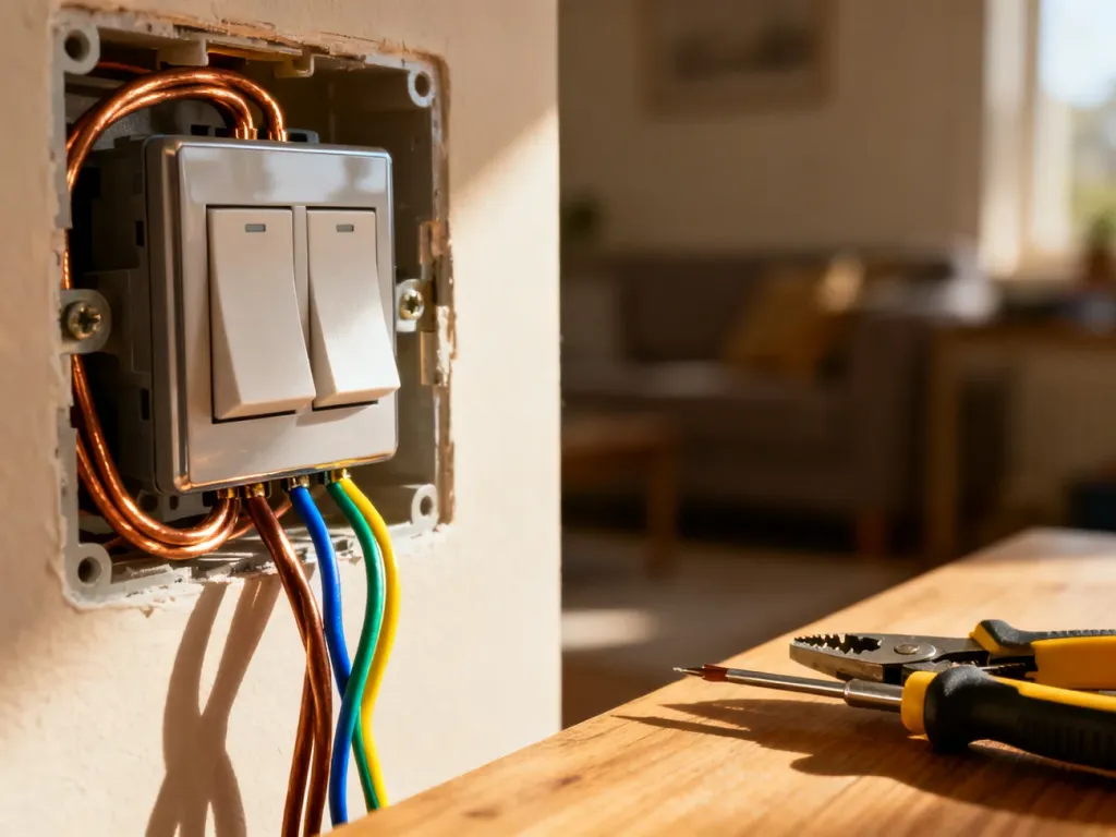 Otwarta puszka elektryczna z przewodami podłączanymi do podwójnego włącznika światła oraz narzędzia na drewnianym blacie.