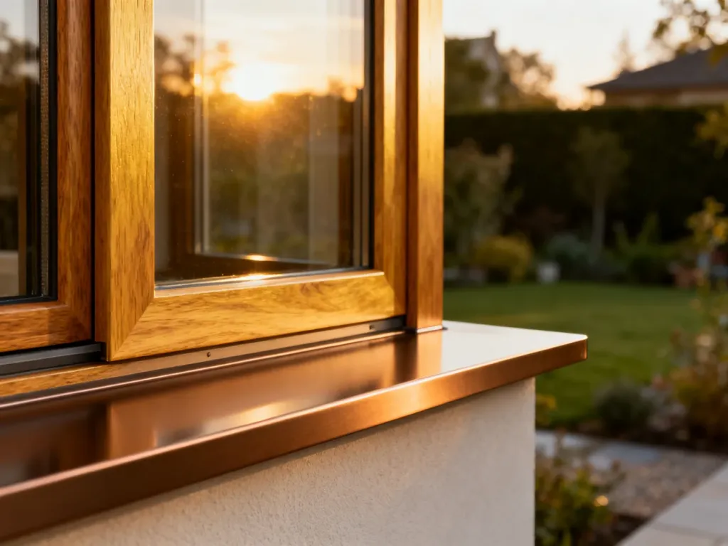 Aluminiowy parapet w odcieniu brązu dopasowany do okna w kolorze złotego dębu, prezentujący estetyczne wykończenie elewacji.