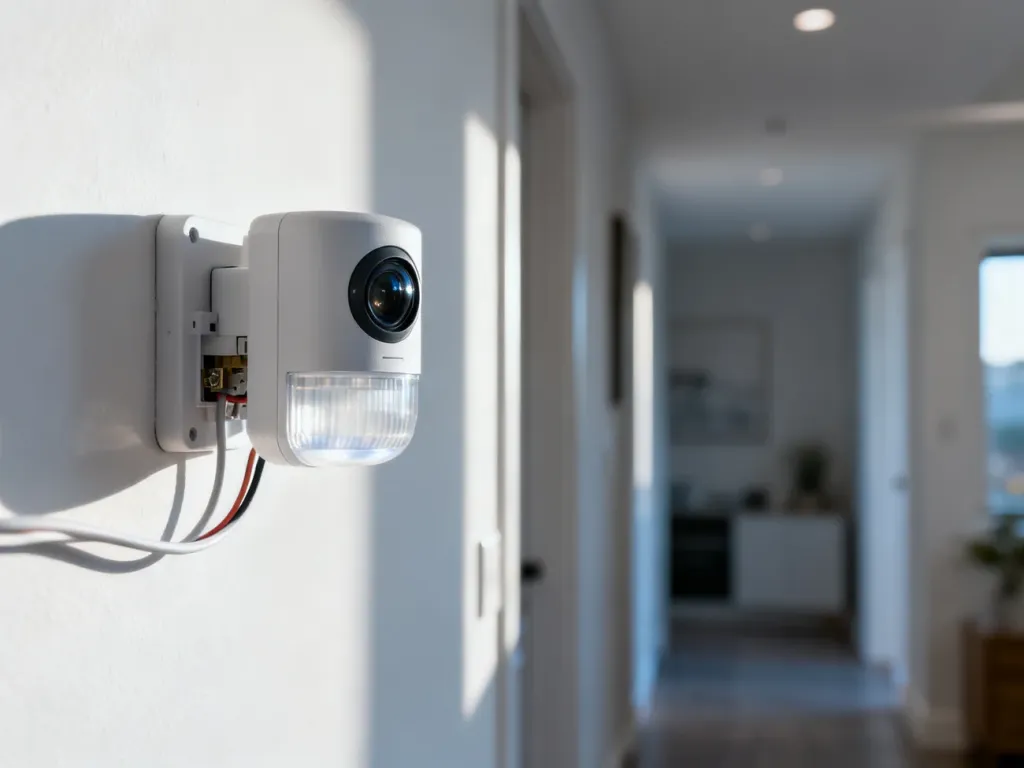 Nowoczesna czujka ruchu zamontowana na białej ścianie w korytarzu z widocznymi elementami instalacji elektrycznej.