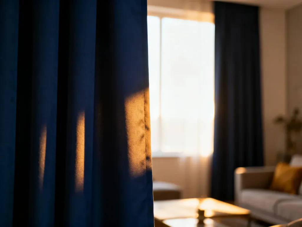 Eleganckie, granatowe zasłony typu blackout w nowoczesnym salonie, skutecznie blokujące światło słoneczne.