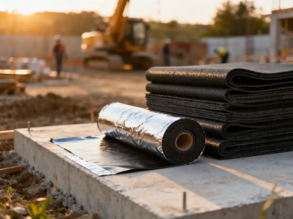 Rolki papy bitumicznej oraz folii izolacyjnej na betonowym fundamencie placu budowy w świetle zachodzącego słońca.