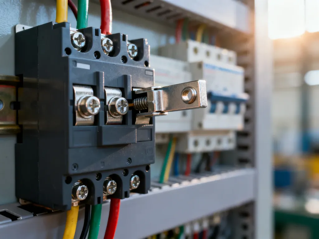 Montaż wyzwalacza wzrostowego przy wyłączniku nadprądowym w rozdzielnicy elektrycznej.